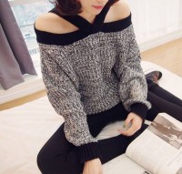 Suéter Elegante del Bloque del Color de Mangas completas y Sin collar de Estilo Casual para las mujeres